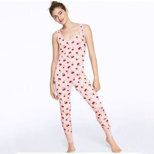 VS Pink Powder Pink Cherry Print Pajamas Jumpsuit Sleeveless S Kidcore SoftGirl